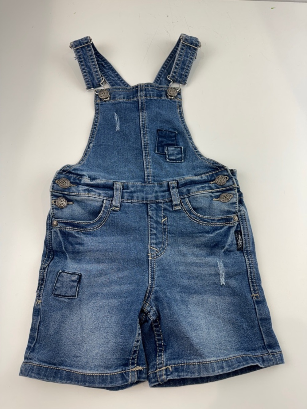 Silver Denim Short Overalls with Patch Details - Blue